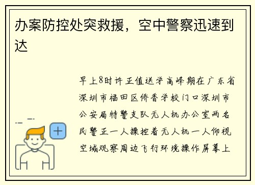 办案防控处突救援，空中警察迅速到达
