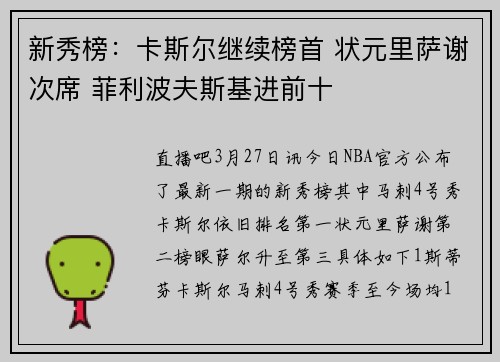 新秀榜：卡斯尔继续榜首 状元里萨谢次席 菲利波夫斯基进前十